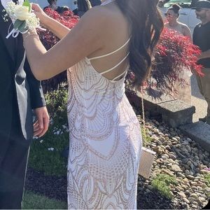 Halter pink and white slit prom dress